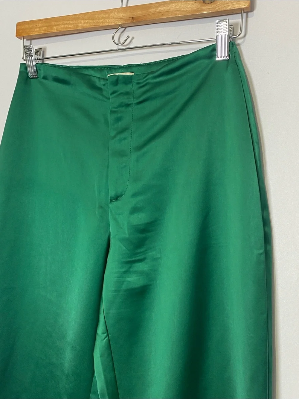 Jason Wu High Rise Wide Leg Flare Emerald Green Satin Pants Trousers Size 4